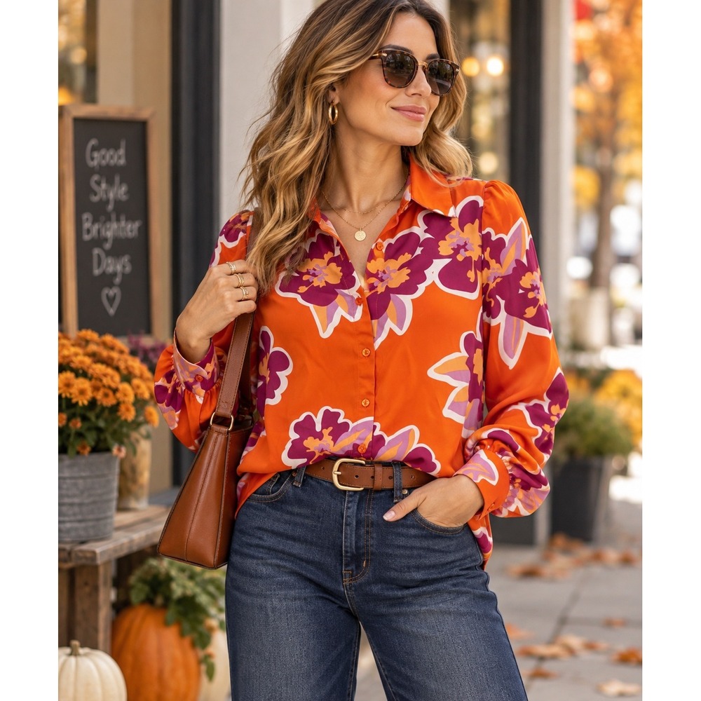 Chic Boho Floral Button Up Blouse Orange Purple Retro Feminine Artsy Sz M